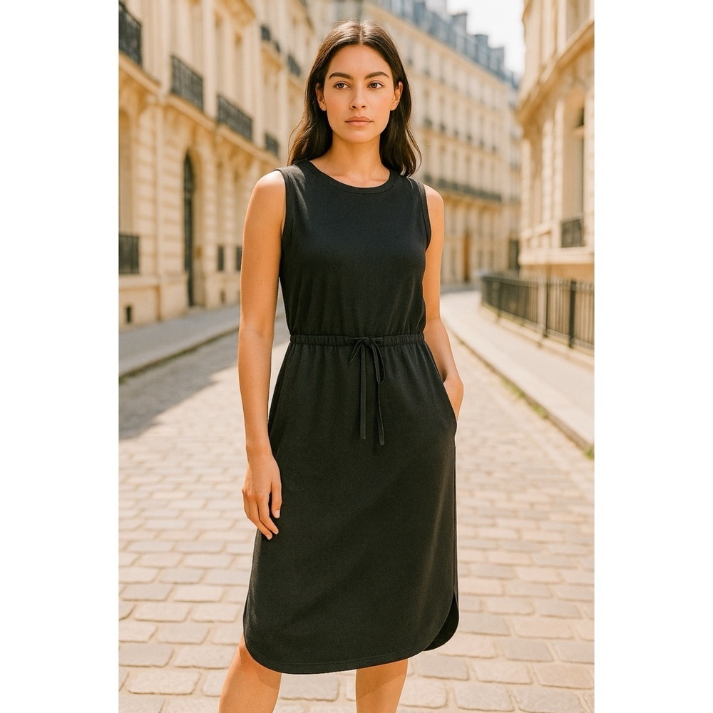 Eileen Fisher Petite Black Tencel Midi Dress Drawstring Waist Sleeveless PM